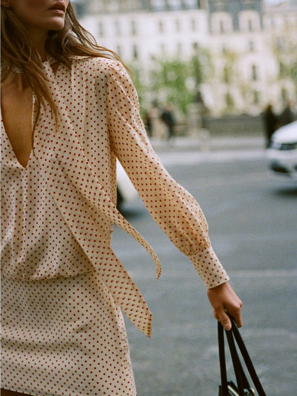 Reformation Marcie Dress Marilyn  Polka Dot Long-Sleeve Mini Dress in Cream/Red - Picture 4 of 6